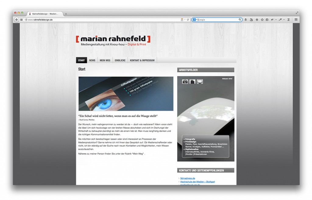 Startseite der Website von rahnefelddesign.de im Jahre 2010/2011