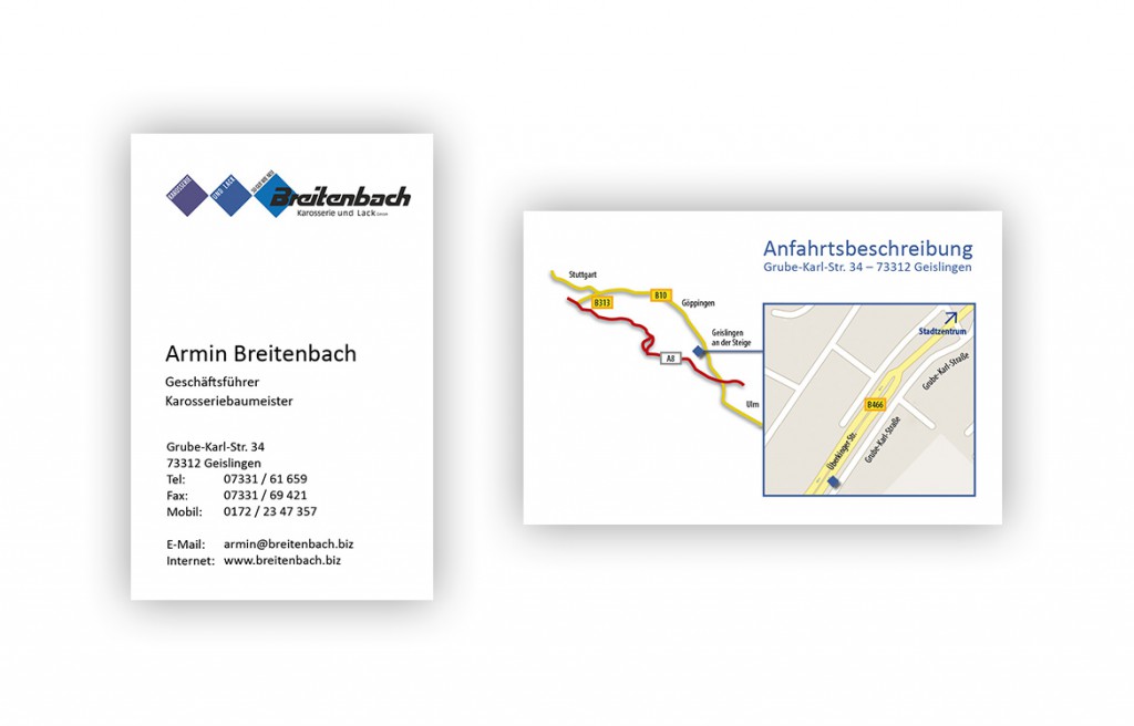 Geschäftsausstattung Visitenkarten von Breitenbach Karosserie und Lack in Geislingen