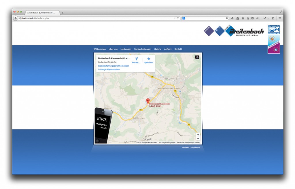 Anfahrt auf der Website von Breitenbach Karosserie und Lack in Geislingen