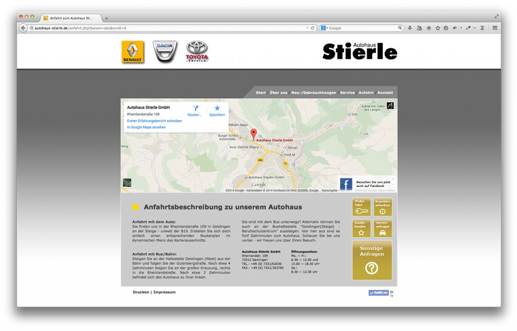 Anfahrt auf der Website von Autohaus Stierle in Geislingen