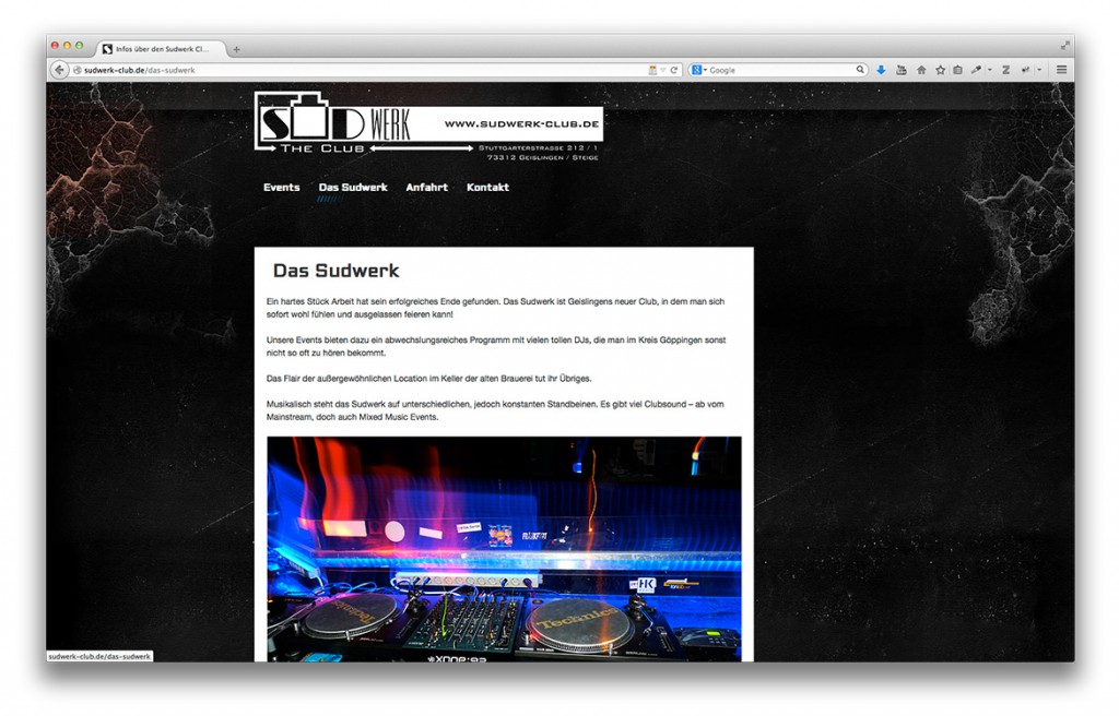 Infoseite der Website vom Club Sudwerk in Geislingen