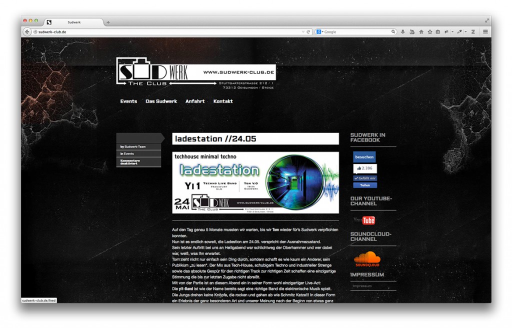 Startseite der Website vom Club Sudwerk in Geislingen